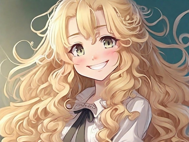 Девушка из аниме с длинными кудрявыми блондинками и нежной улыбкой.