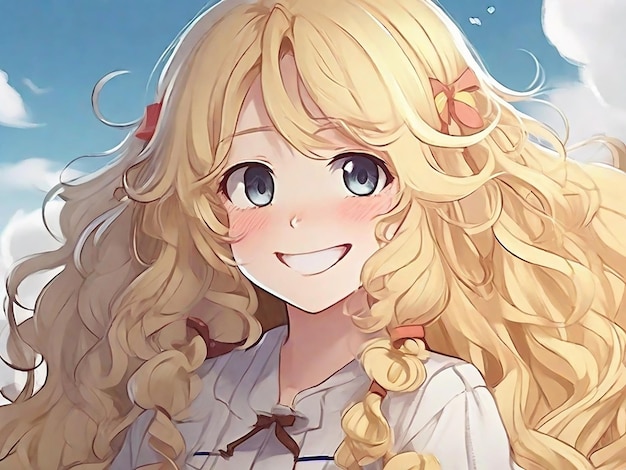 An anime girl with long curly blonde hair and a gentle smile