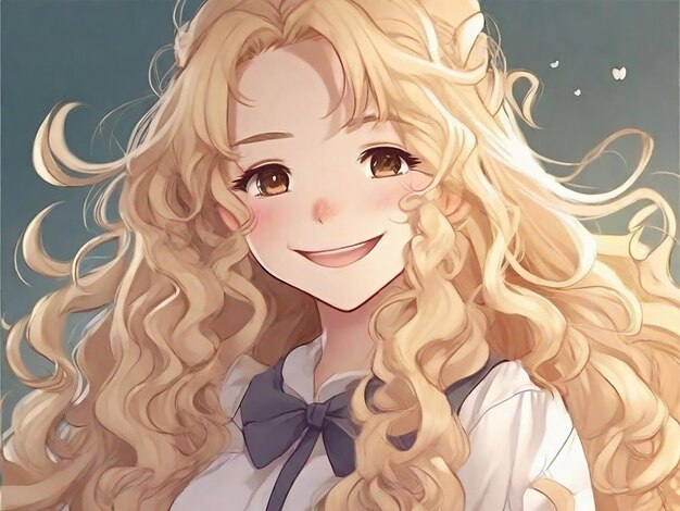 긴 곱슬한 금발 머리카락과 부드러운 미소를 가진 애니메이션 소녀