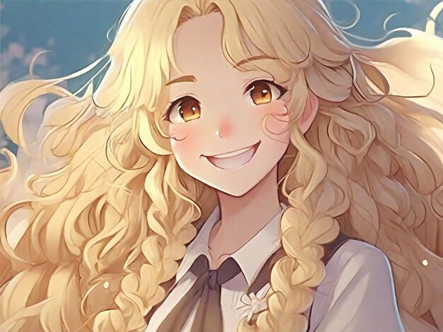 An anime girl with long curly blonde hair and a gentle smile