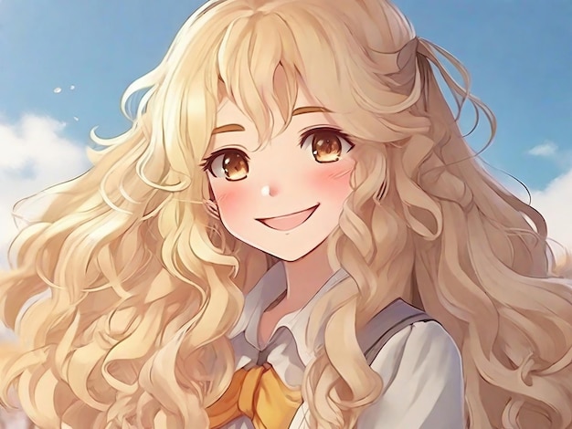 An anime girl with long curly blonde hair and a gentle smile