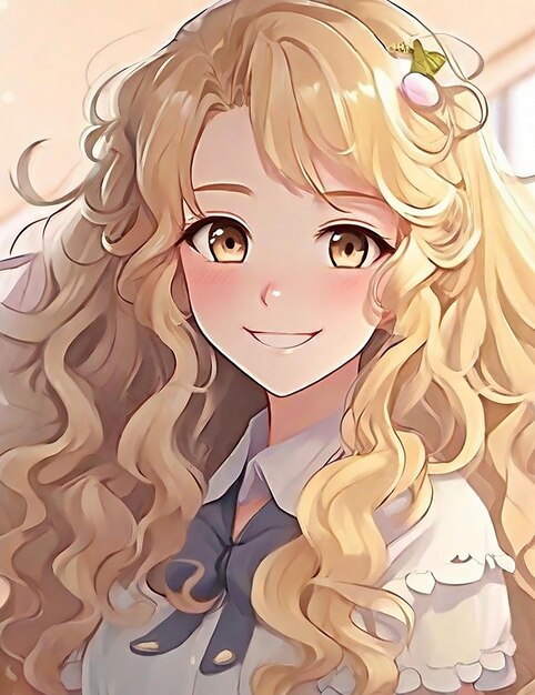 An anime girl with long curly blonde hair and a gentle smile