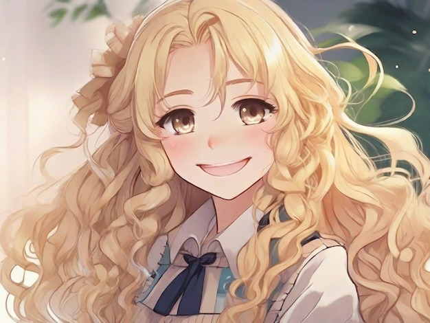 An anime girl with long curly blonde hair and a gentle smile