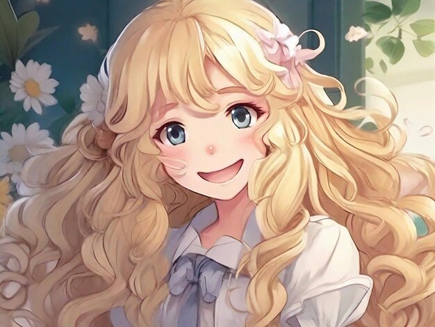 An anime girl with long curly blonde hair and a gentle smile