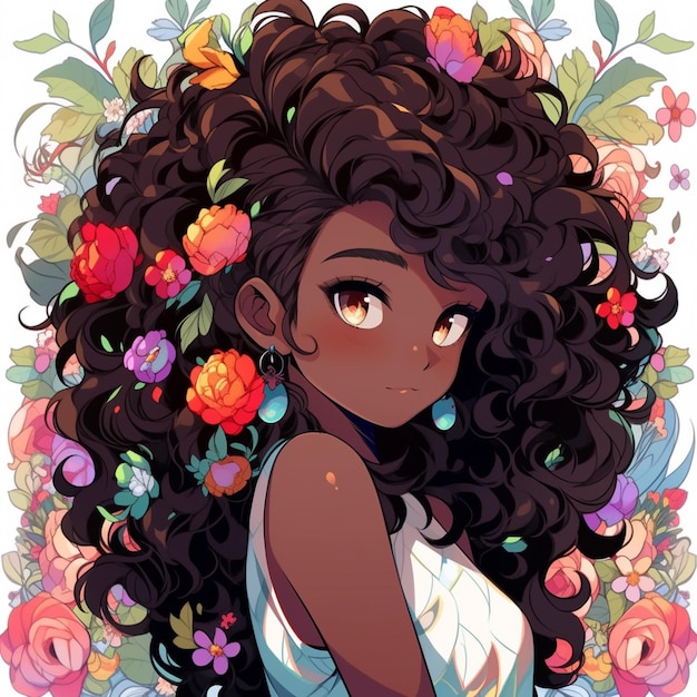 Premium AI Image  Anime girl with long curly hair and flowers in her hair  generative ai