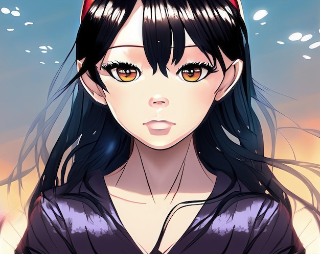 An anime girl with long flowing Black hair and a determined look