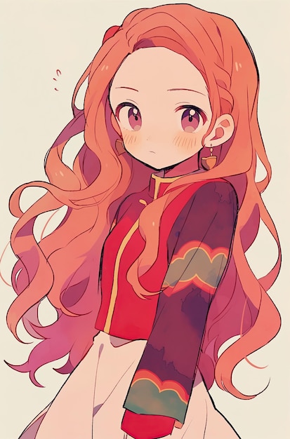 An anime girl with long flowing red hair and a determined look Created with Generative AI