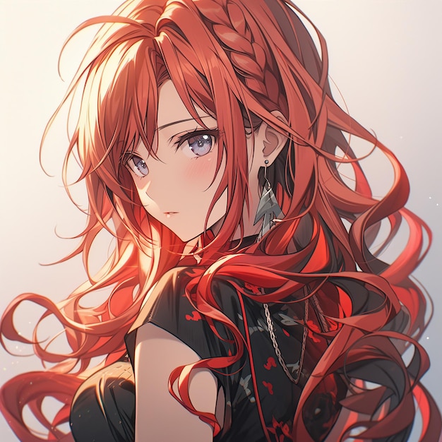 An anime girl with long flowing red hair and a determined look Created with Generative AI