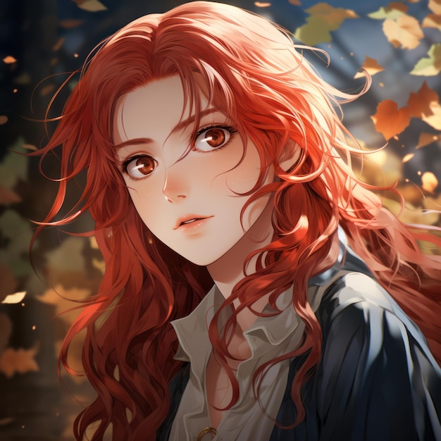 An anime girl with long flowing red hair