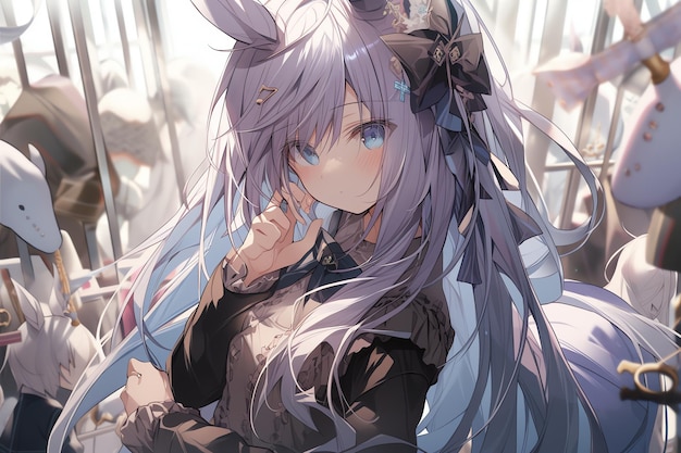 A anime girl with long gray hair and a purple hair with a white collar.