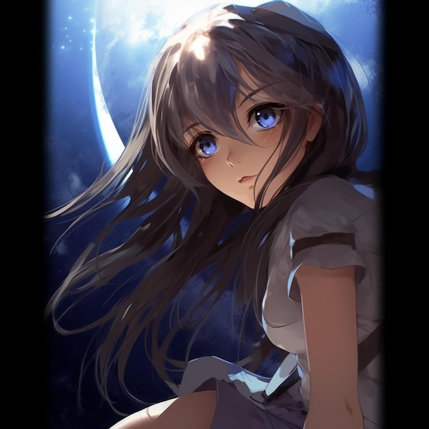 Фото Аниме девушка с длинными волосами и голубыми глазами сидит перед полной луной