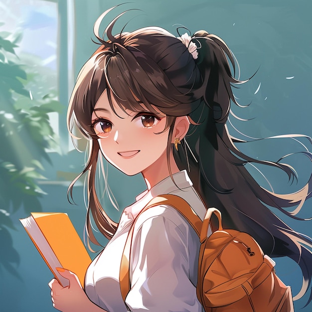 anime girl with long hair and backpack holding a book generative ai
