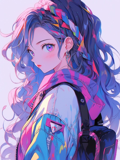 Anime girl with long hair and a backpack looking at the camera generative ai