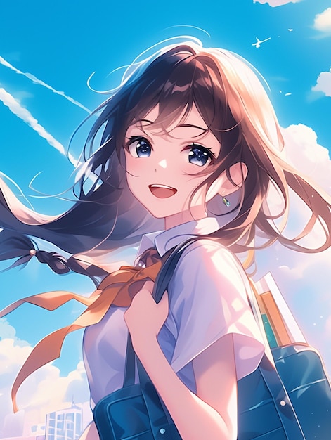 anime girl with long hair and blue dress holding a blue bag generative ai