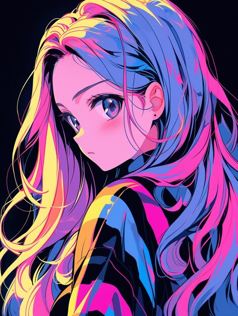 Anime girl with long hair and blue eyes in a black background generative ai