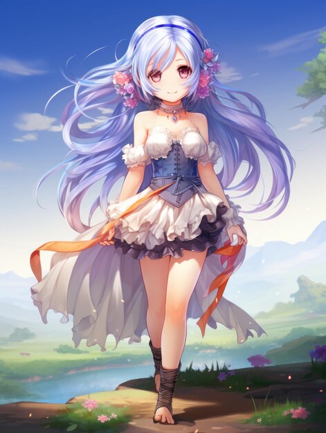 Anime Girl With Blue Eyes And White Hair That Walks With