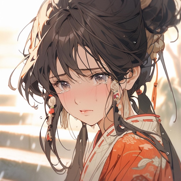 anime girl with long hair and a bun in a kimono generative ai