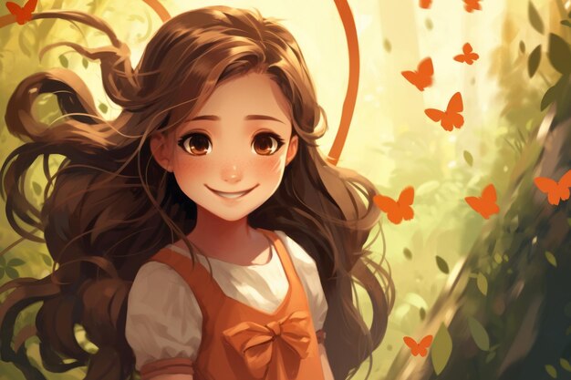 an anime girl with long hair and butterflies in the background