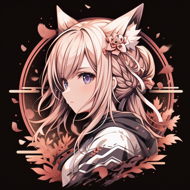 Anime girl with long hair and cat ears with flowers in her hair generative ai