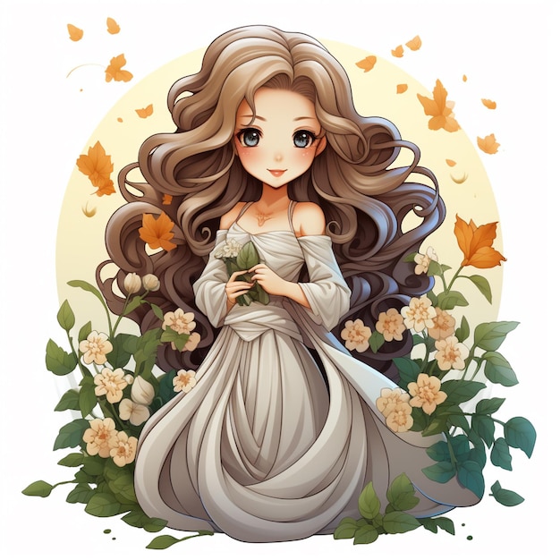 anime girl with long hair and dress holding a flower generative ai