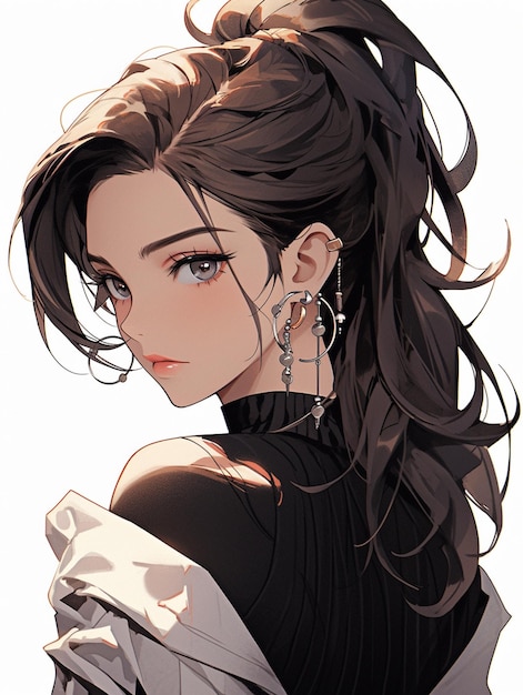 Anime girl with long hair and earrings wearing a black dress generative ai