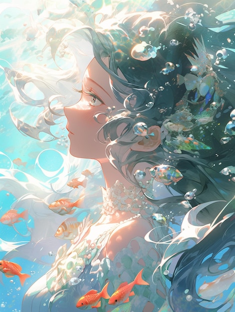 anime girl with long hair and fish in her hair generative ai