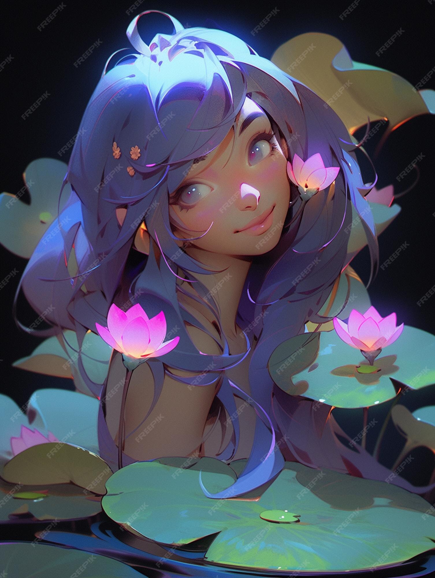 Anime girl portret with flower in long hair Vector Image