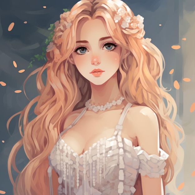 anime girl with long hair and flowers in her hair