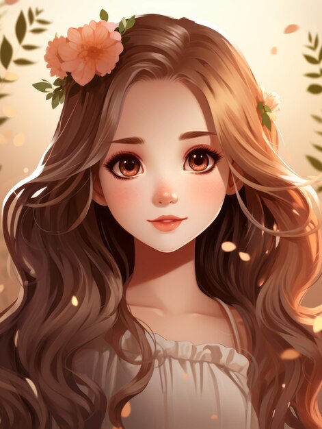 Anime girl portret with flower in long hair Vector Image