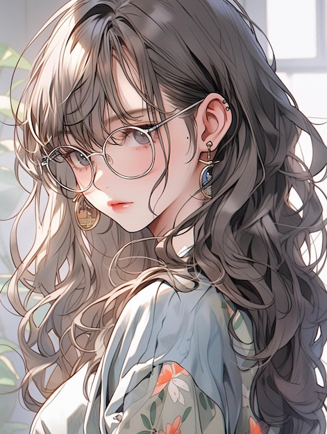 Anime girl with long hair and glasses looking at camera generative ai