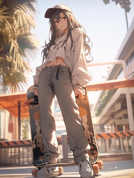 Anime girl with long hair and hat holding a skateboard generative ai