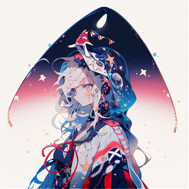 anime girl with long hair and a hat with stars on it generative ai