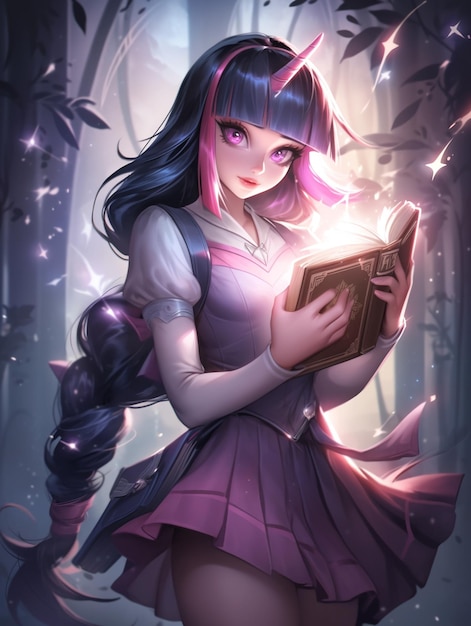 Anime girl with long hair holding a book in a forest generative ai