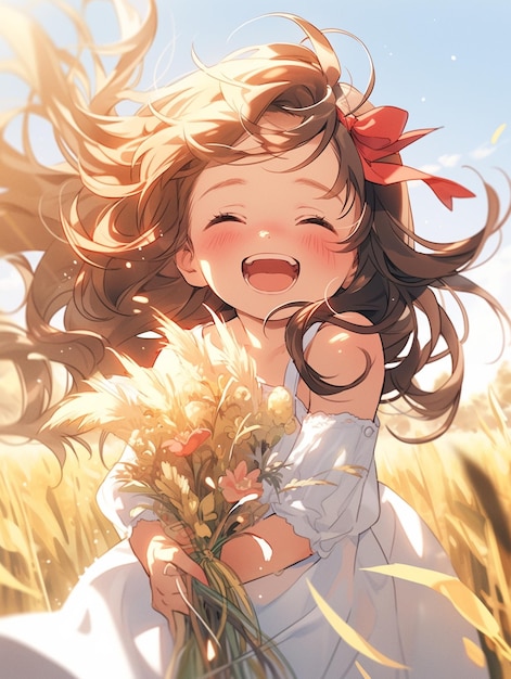 Anime girl with long hair holding a bunch of flowers in a field generative ai