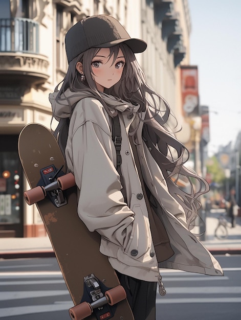 Anime girl with long hair holding a skateboard on a city street generative ai