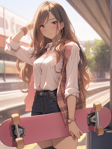 Anime girl with long hair holding a skateboard in front of a train generative ai