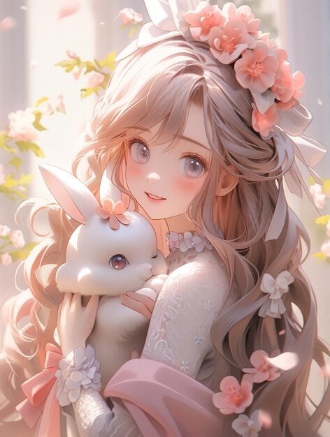 Anime girl with long hair holding a white bunny in her arms generative ai