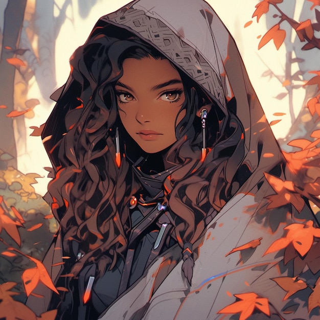 Anime girl with long hair and hoodie in a forest generative ai