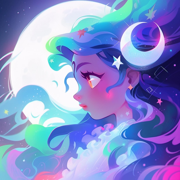 Photo anime girl with long hair and moon in background generative ai