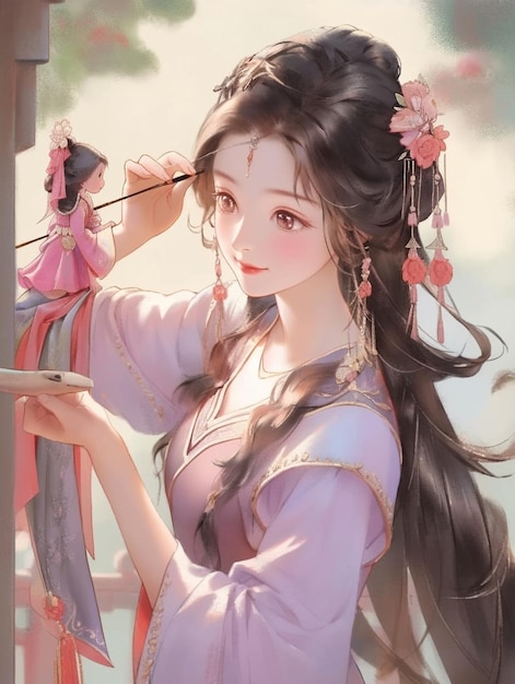 Anime girl with long hair and a pink dress holding a doll generative ai