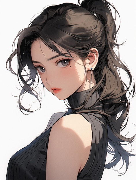 Anime girl with long hair and ponytail in black dress generative ai