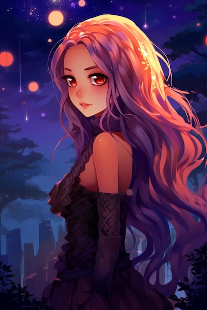 長い髪と紫の目をしたアニメの女の子