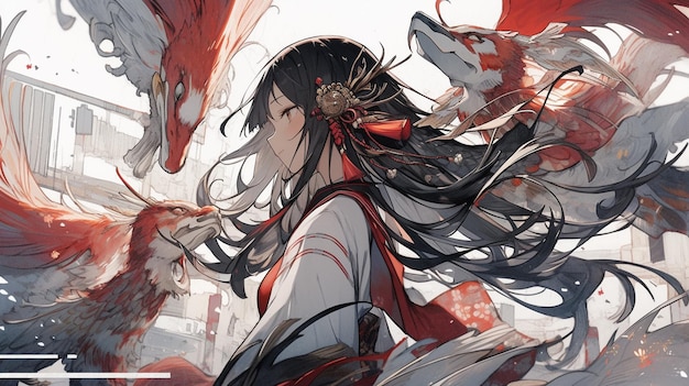 anime girl with long hair and a red dragon in her hand generative ai