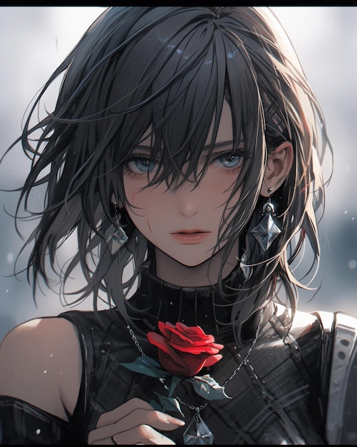 Anime girl with long hair and a rose in her hand generative ai