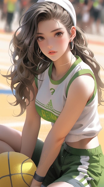 Аниме девушка с длинными волосами сидит на баскетбольном мяче