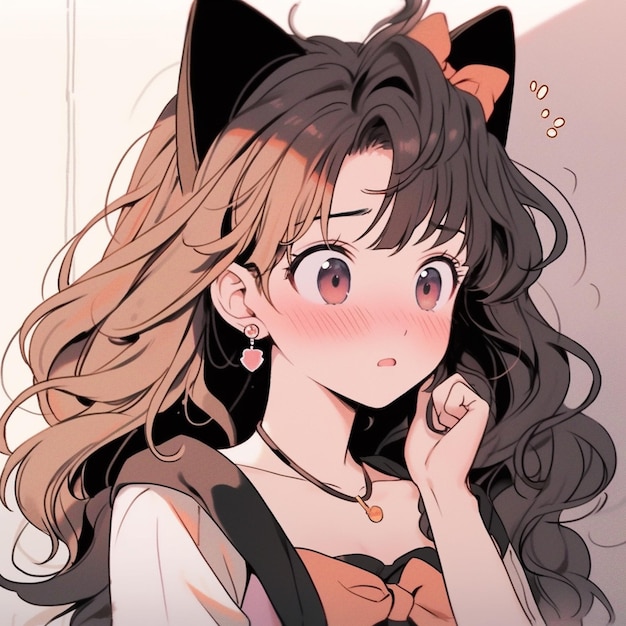 Anime girl with long hair wearing a cat ear and a bow generative ai