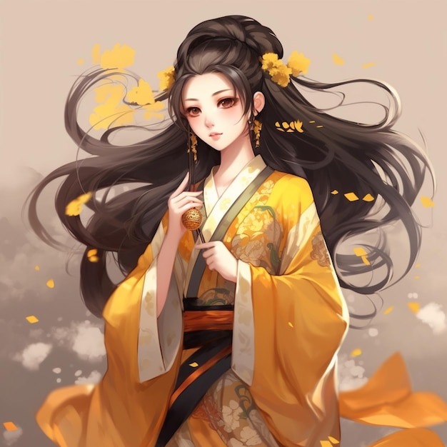 Anime girl with long hair and yellow kimono dress holding a fan generative ai