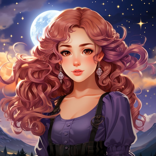 anime girl with long red hair and a full moon in the background