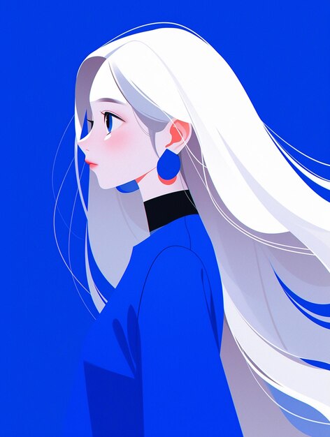 Anime girl with long white hair and blue eyes looking to the side generative ai