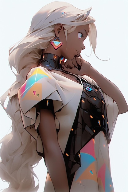 Photo anime girl with long white hair and colorful dress posing generative ai